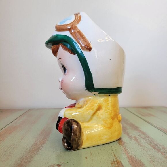 Vintage Freckled Little Boy with Helmet, Goggles, & Red Car Planter - 1960's - Picture 2 of 16